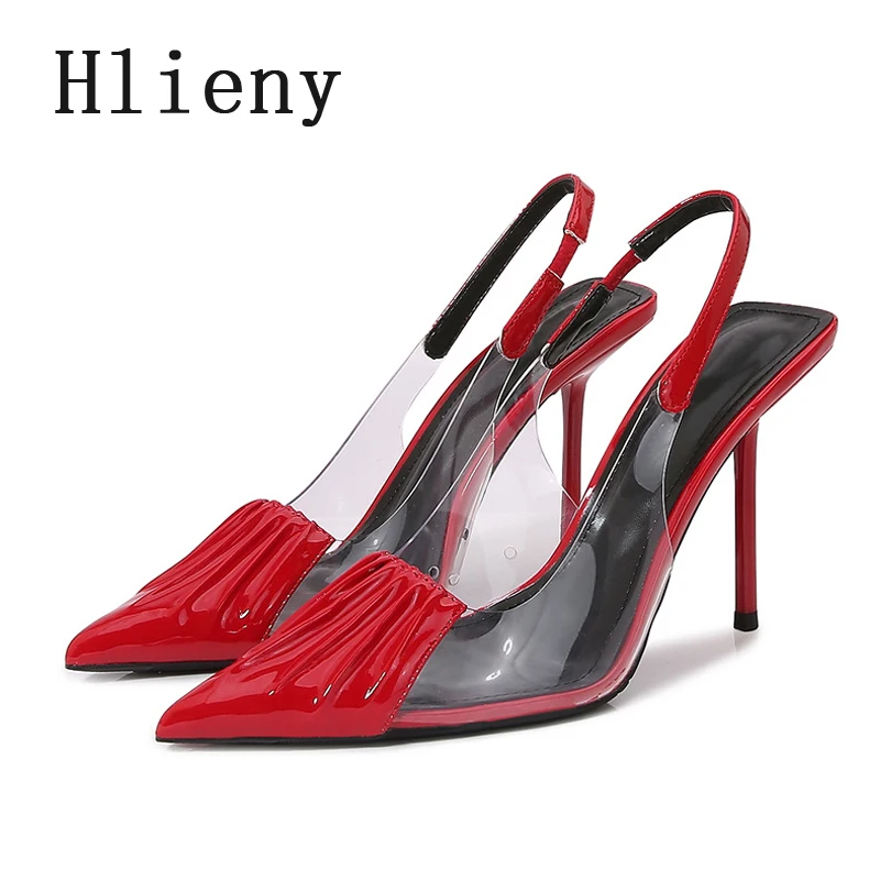 

Hlieny Fashion Design Pleated Patent Leather Pointed Toe Red High Heels Wedding Prom Shoes Women Pumps Sexy Slingback Sandals