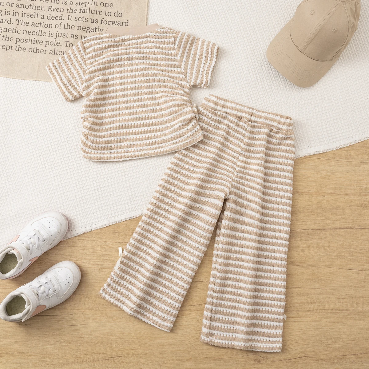 Girls' Fashion Knitted Elastic 2-Piece Set, Summer Short Sleeve Top & Bow Tie Long Pants, 3-8 Years, Holiday Travel Party Gift
