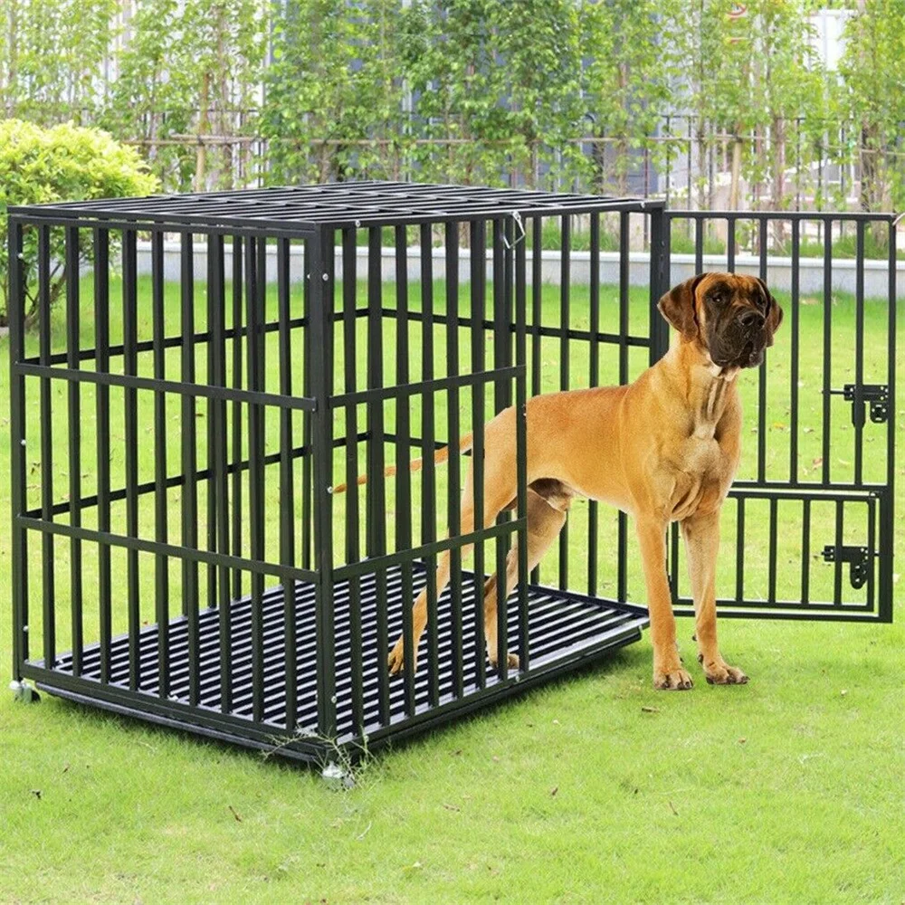 XXL Large Heavy Duty Dog Crate Strong Pet Cage Tear Resistant Square Tube Metal Kennel Playpen with Lockable Wheels and Tray