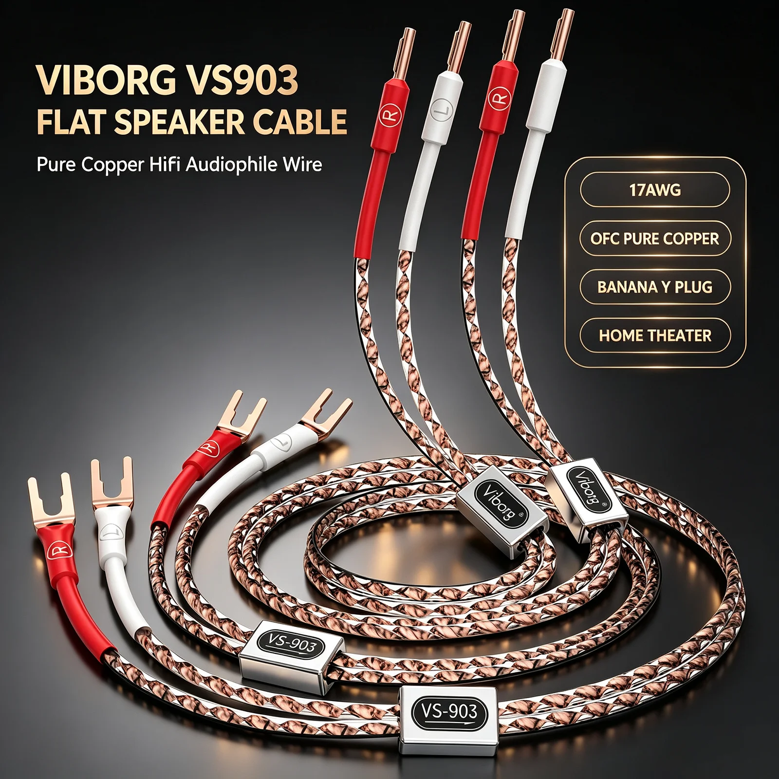 Viborg VS903 HiFi Flat Speaker Cable Pure Copper Speaker Wire for Home Theater In-wall Under Carpet Banana Y Plug