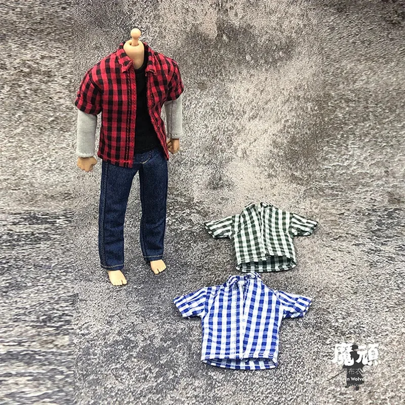 

1/12 Male Solider Classic Fashion Checker Shirt Hooded Loose Sweater Casual Slim Fit Jeans For 6" Action Figure Body Model