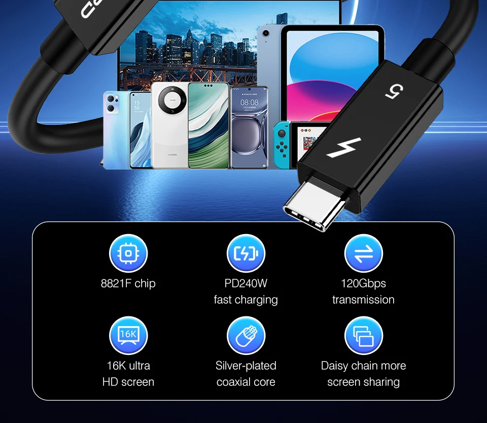Thunderbolt 5 Kabel Weiches TPE 80Gbps Typ-C USB4 V2 Koaxialkabel USB-C zu C 240W 16K 8K für EGPU Mac MINI SSD iPhone 16 MacBook – Detail 2