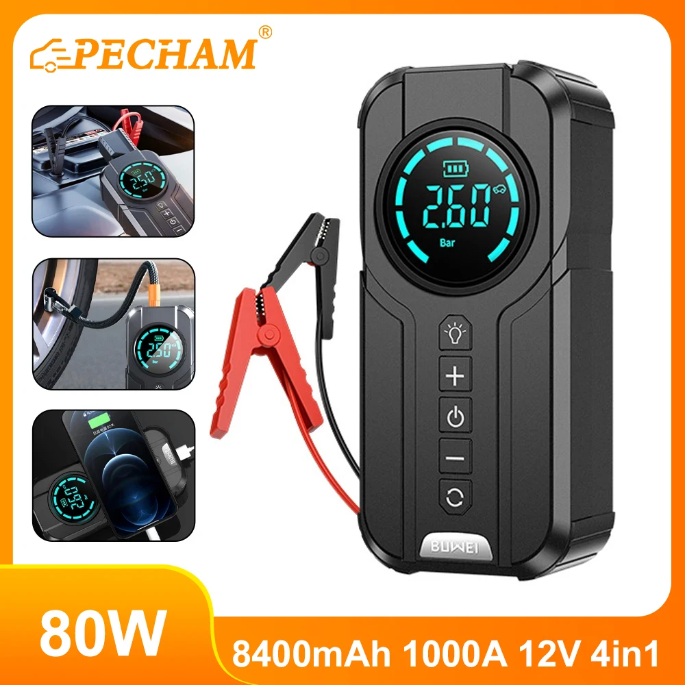 

4 In 1 Car Air Pump Jump Starter Power Bank Lighting Portable Air Compressor Cars Battery Starters Starting Auto Tyre Inflator