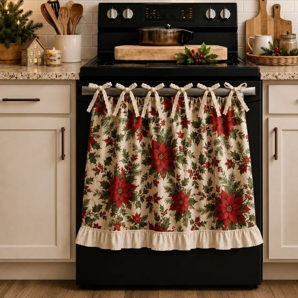 Ruffle Edge Christmas Oven Short Curtain Snowman Deer Decorative Kitchen Stove Short Curtain Xmas Tree Flower