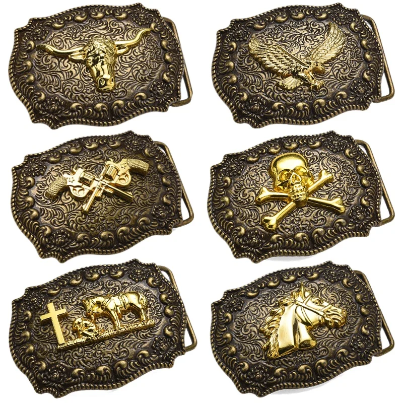 Belt head wholesale fashion trend small pattern baseplate cover bull head punk skull buckle western style belt buckle 3.8cm