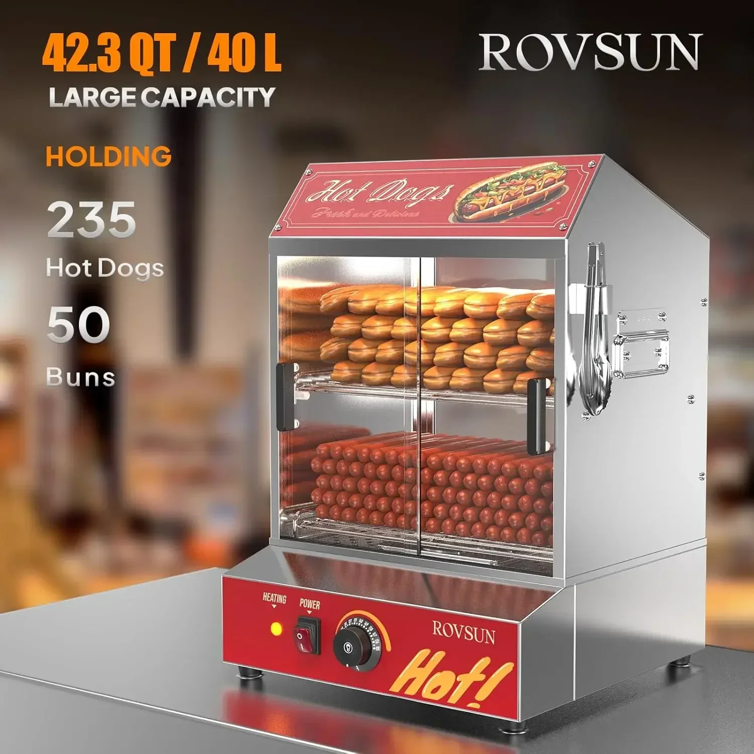 ROVSUN 42.3QT/40L Hot Dog Dampfgarer, 2-stöckiger Hüttendampfer Hot Dog Dampfgarer mit Brötchenwärmer Herd 235 Hot Dogs und 50 Brötchen