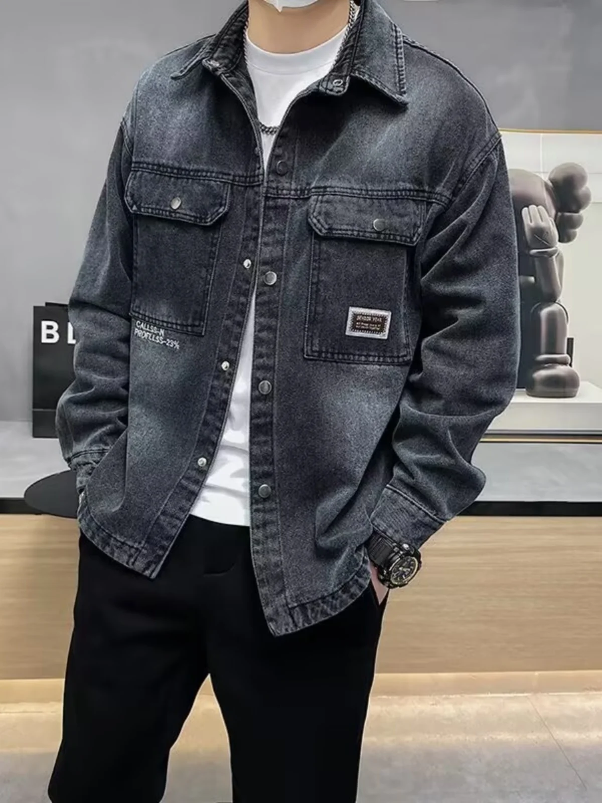 

Retro American Waed Denim Jaet Men's Spring 2025 New Turn-down Collar Loose Casual Work irt Coat Youth Trendy Antimicro...