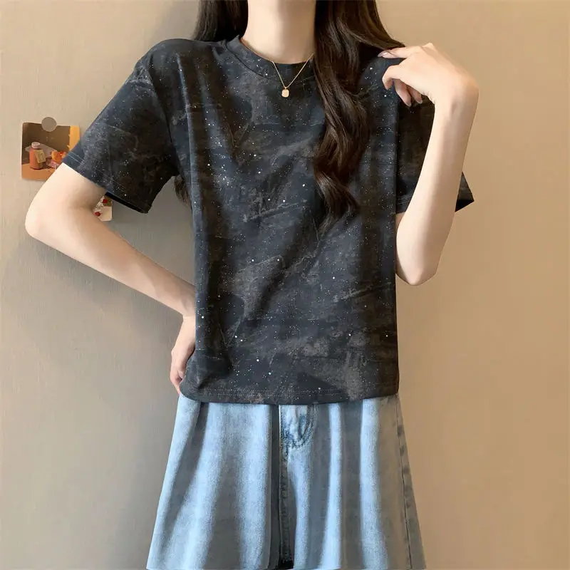 T-shirt z krótkim rękawem dla kobiet z przodu na ramię American Summer New Retro Contrast Top