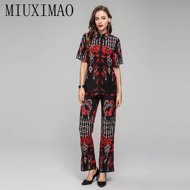 MIUXIMAO 2023 autunno Dress Diamond collar elegante Set manica corta con stampa floreale camicia + pantaloni moda due pezzi Set donna Vestides