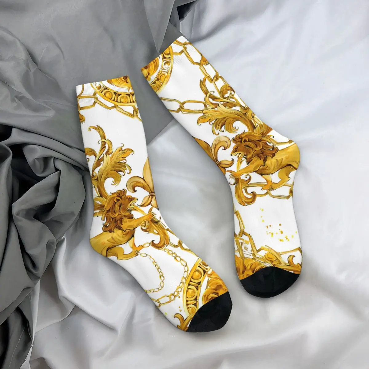 Vintage Luxury Textile Men\'s Socks Golden Lion And Damask Unisex Novelty Seamless Printed Happy Crew Sock Gift