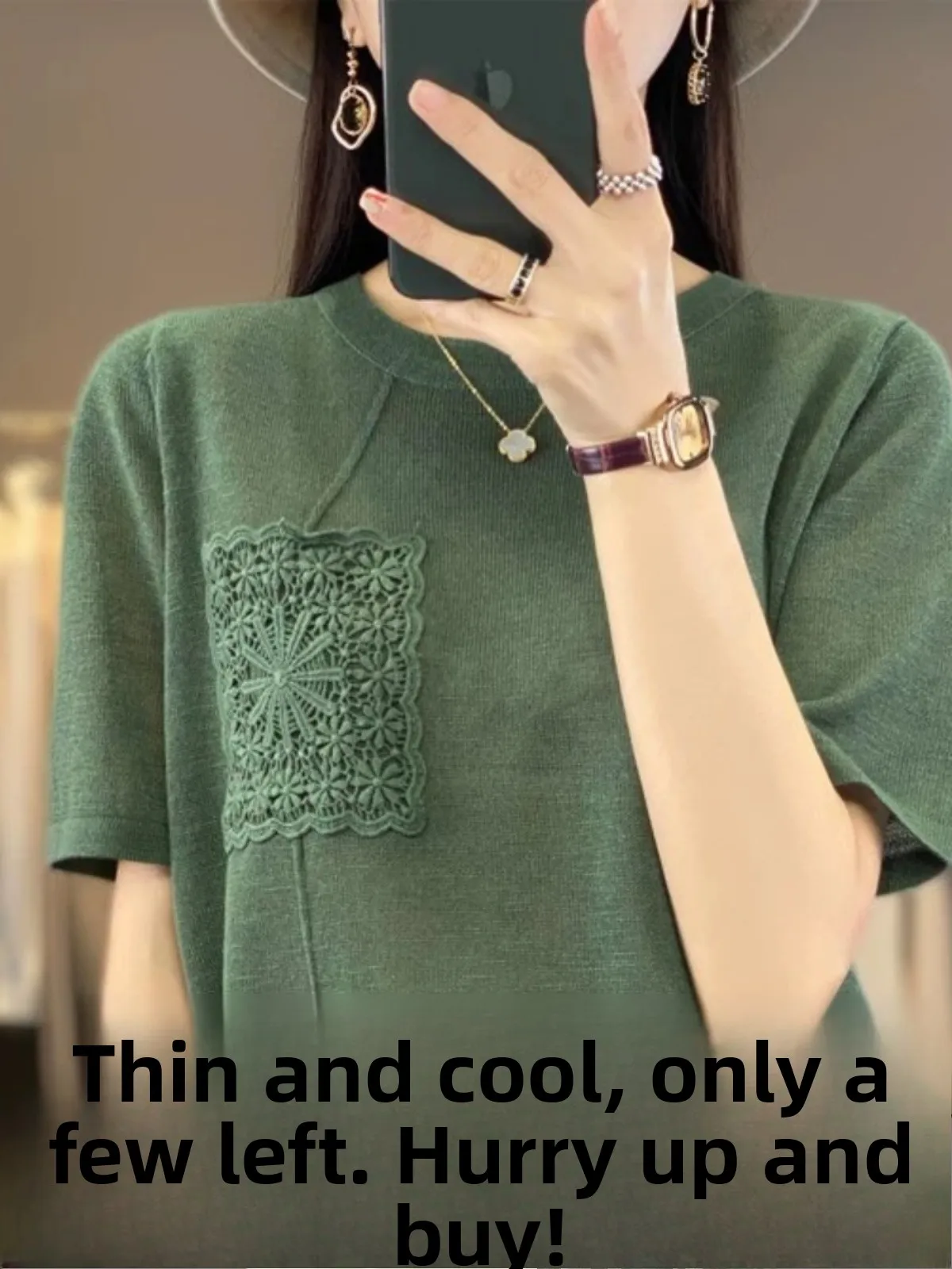 

Summer 2025 New Bamboo Hook Flower ket Ice Silk ort Sve Women's round Ne Thin Cotton Linen Loose Top T-irt