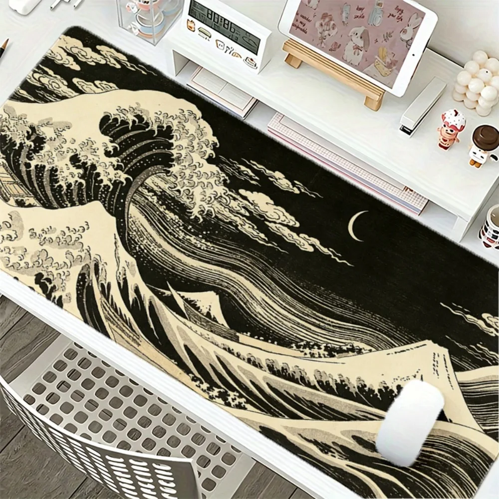 Ukiyo-e crescent moon big wave Mount Fuji desktop pad - Anti-slip base plate gaming mouse pad, suitable tapis de souris