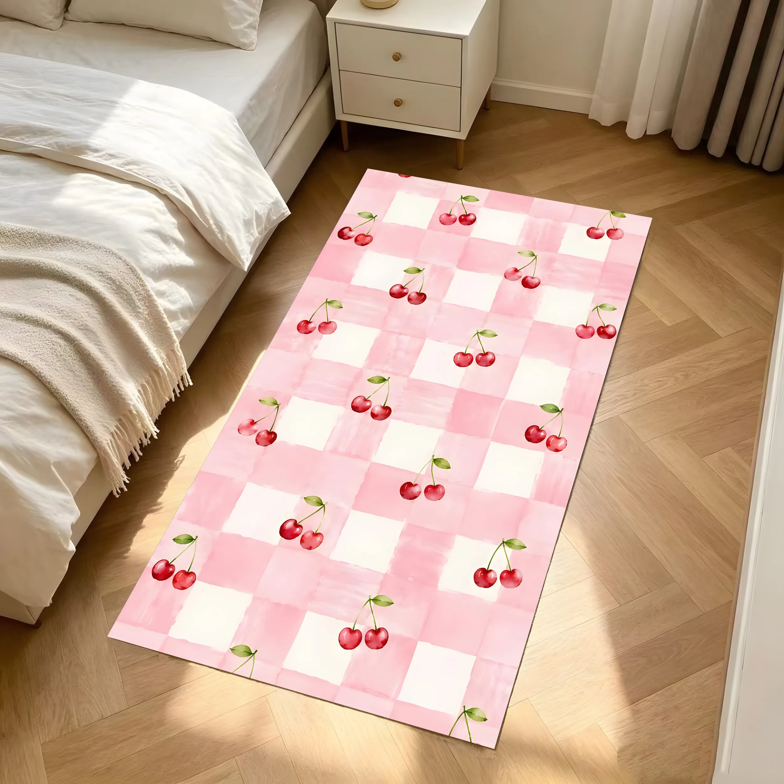 2D Large Carpet Pink White Checkered Pattern Cherry Blossoms Sweet Girly Style Soft Bright Romantic Festive Atmosphere Halloween
