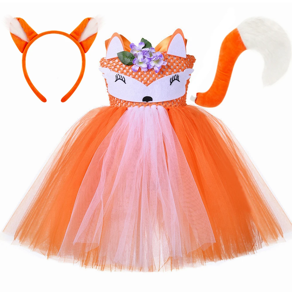 Cute Orange Fox Costume for Girls Halloween Cartoon Animal Tutu Dress Up Toddler Kids Carnival Birthday Jungle Party Dresses