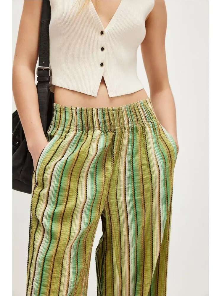 Woman's Fashion Color Striped Printed Pant Spring Versatile Elastic Waist Loose Trousers Ladies Autumn Hot Style Wide-leg Pants