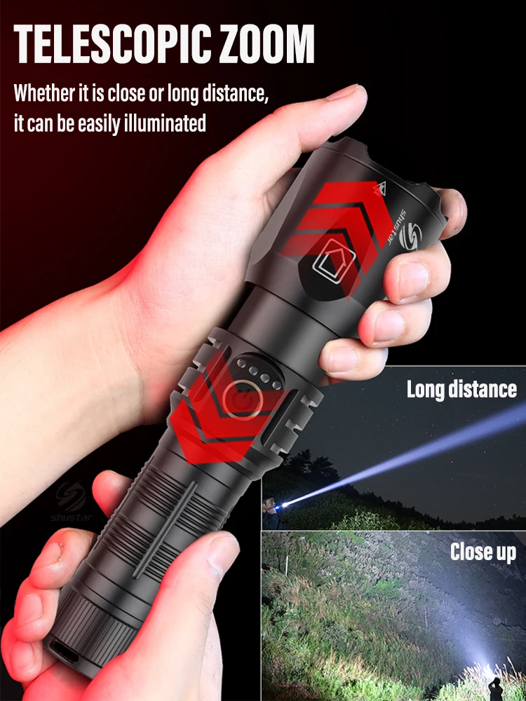 High-power LED Rechargeable Flashlight with XHP160 Lamp Beads Portable Torch 5 Lighting Modes Zoomable Waterproof Camping Light