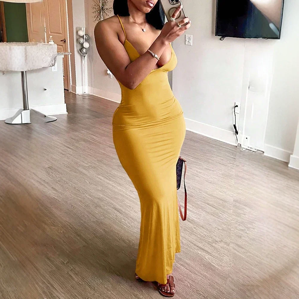 Dresses Spring Summer Basics Daily Solid Color Sleeveless Plunge Neck Maxi Bodycon Cami Dresses  For Women