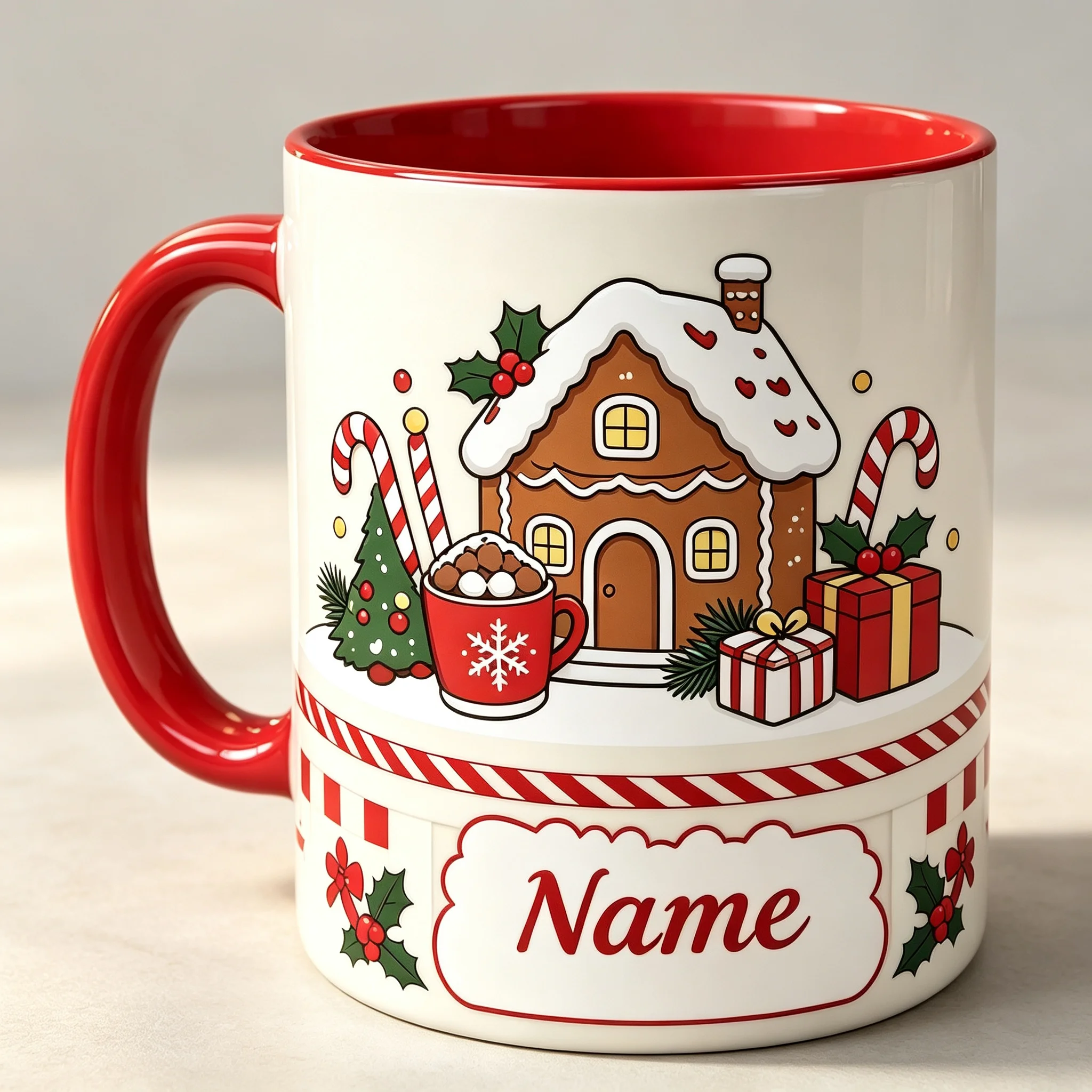 Custom Name Christmas Coffee Mug Gingerbread House Candy Cane Print Red Handle Ceramic Tea Cup Personalized Festive Cup