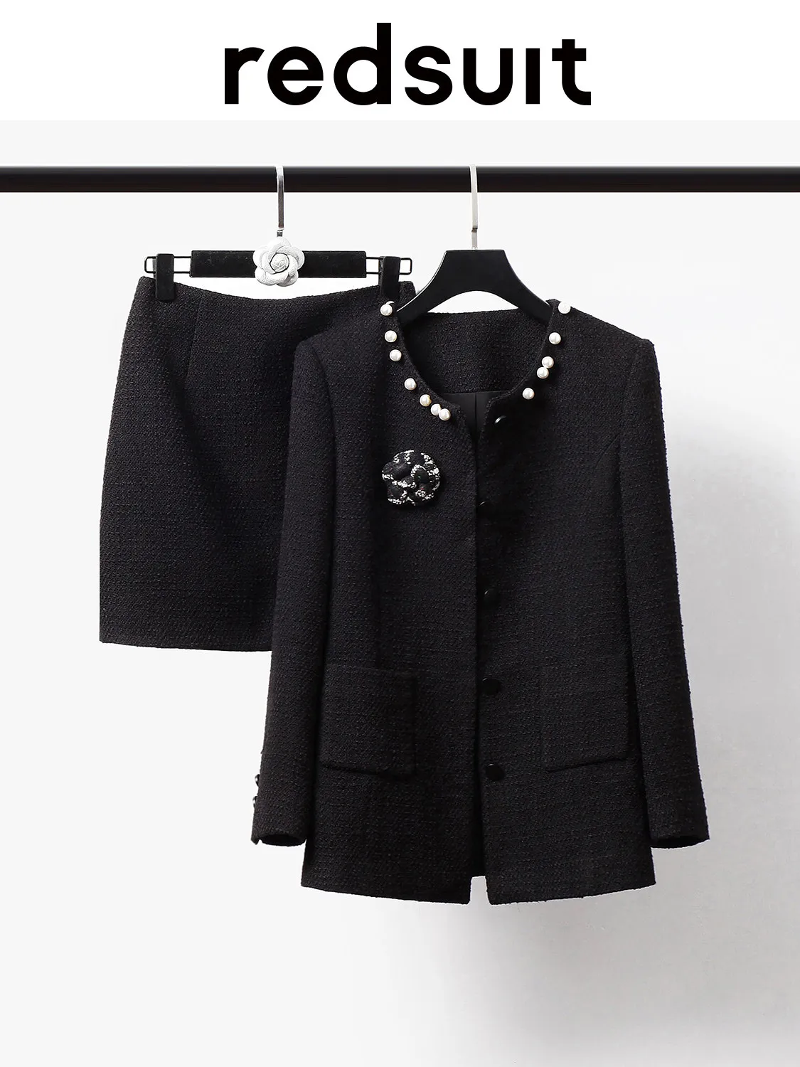 New Premium pearl collar black coarse tweed mid length jacket+half skirt set