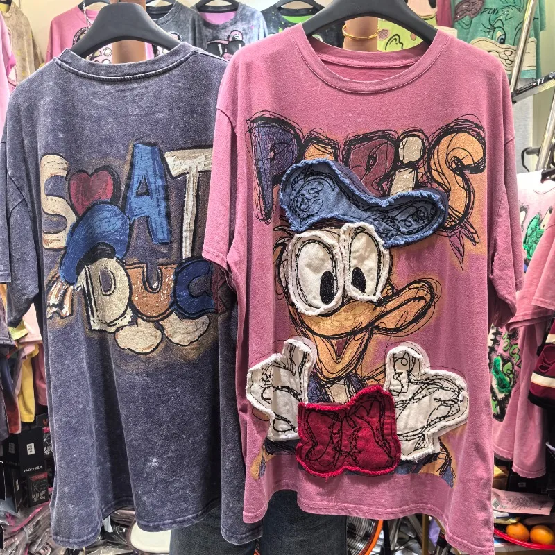 

High Quality Summer New Cartoon Donald Duck O-Neck Short Sleeved Shirts for Women Loose Casual Versatile Washed Vintage Tops