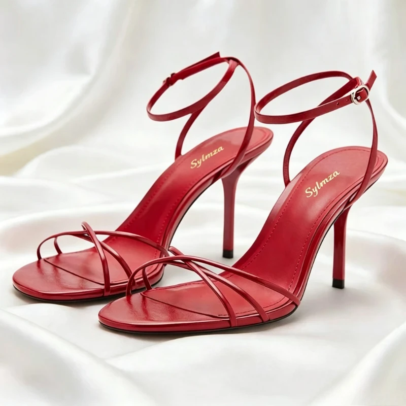 Elegantes Sandalias Rojas de Tacón Alto con Correa al Tobillo para Mujer, Tiras Estrechas, Tacones Altos con Diseño Hueco, Zapatos de Lujo para Bodas y Novias