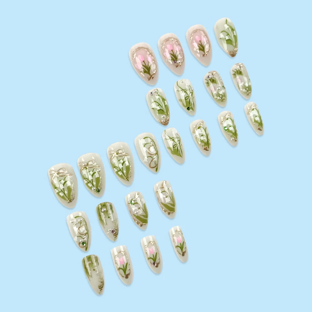 24 pçs reutilizáveis unhas adesivas imprensa em 3d moda imprensa em unhas conjunto primavera verão unhas falsas com design auto-prego atacado