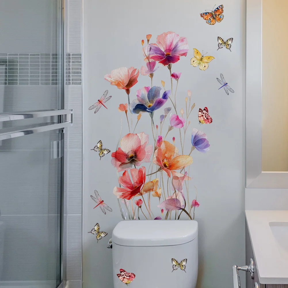 Watercolor Flowers Butterfly Wall Sticker Living Room Background Beautify Decoration Mural Bathroom Bedroom Decor Home Decals