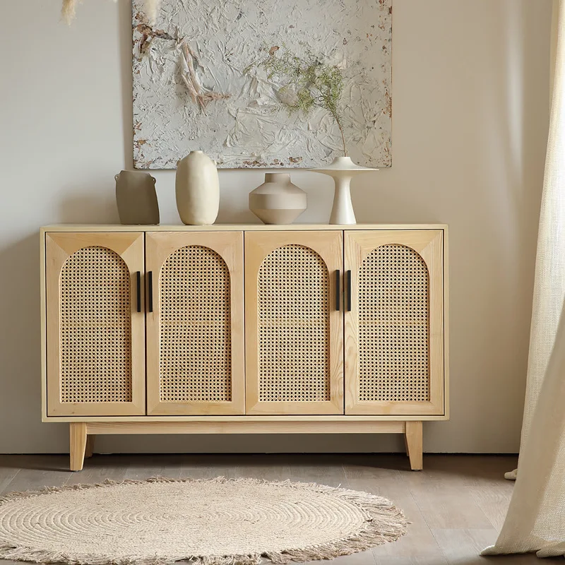 

Solid wood rattan sideboard, home living room, log wind storage cabinet, modern simple entrance cabinet