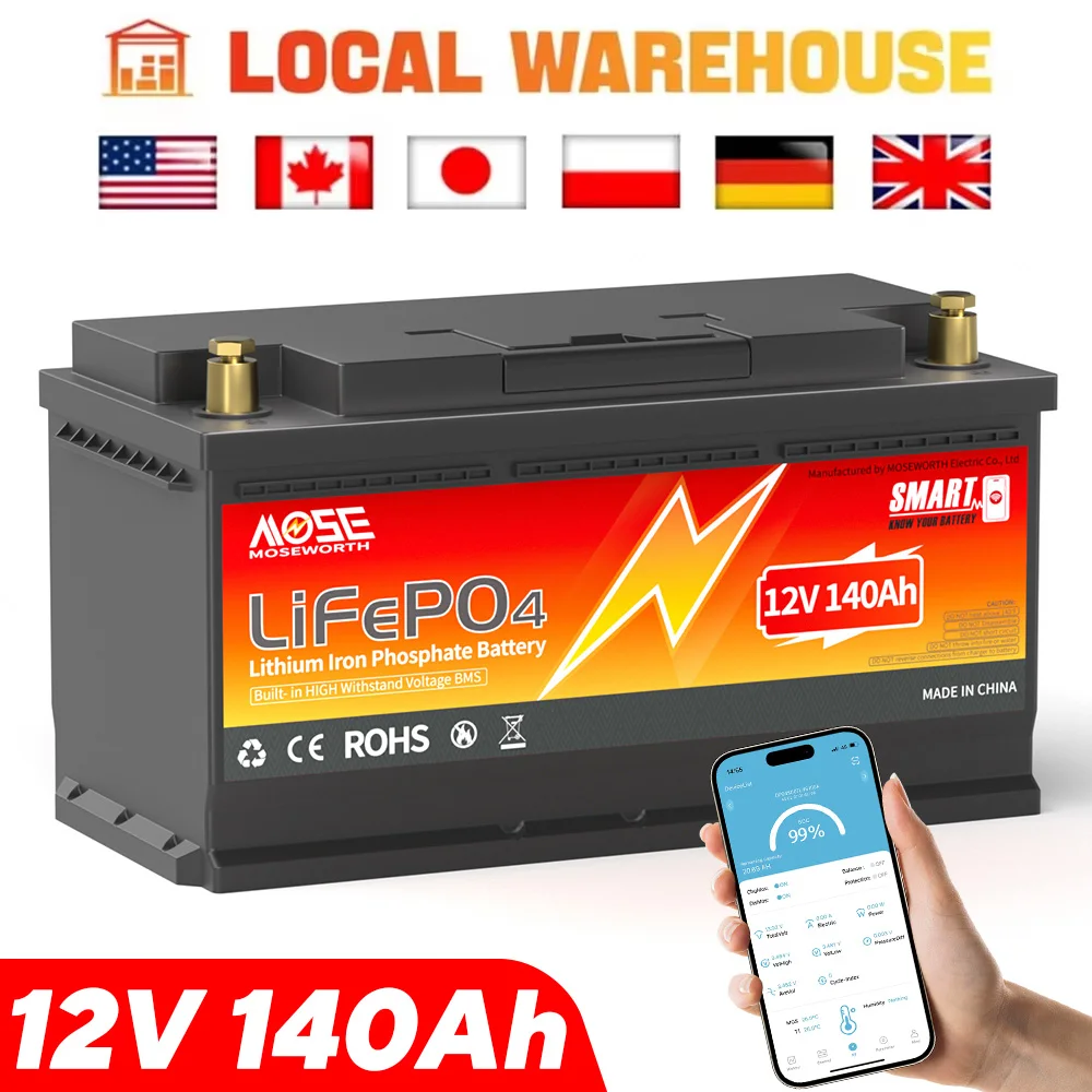 

12V 140Ah LiFePO4 Battery Built in Bluetooth BMS Deep Cycle Rechargeable Batteries for RV Solar Home Lithium Battery Pack