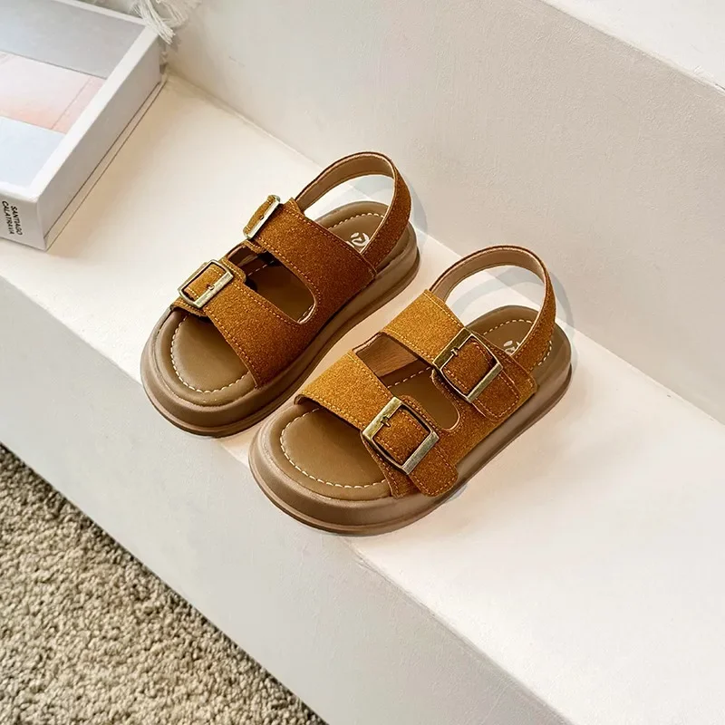 Children Retro Slippers Buckle Kids Summer Beach Shoes Simple Open-toe Classic Solid Color Boys Girls Casual Sandals 2024 New