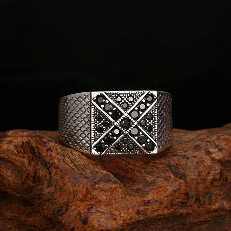 S925 Sterling Silver Cross Adjustable Ring Punk Style Black Zircon Old Process Free Size Women Fine Jewelry FYRNG158