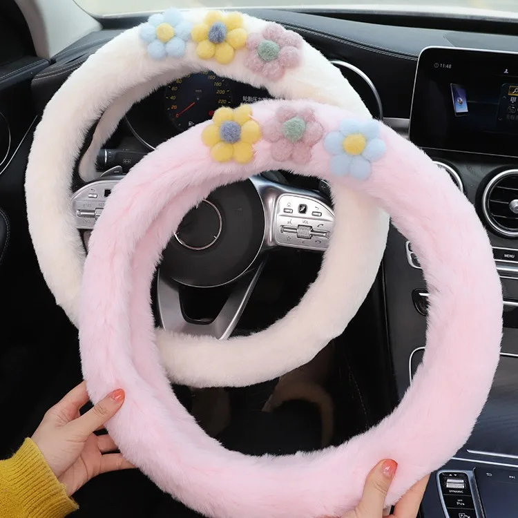 

New Winter Warm Soft Plush Cartoon Flower Creative Cute Handlebar Cover Car Steering Wheel Cover