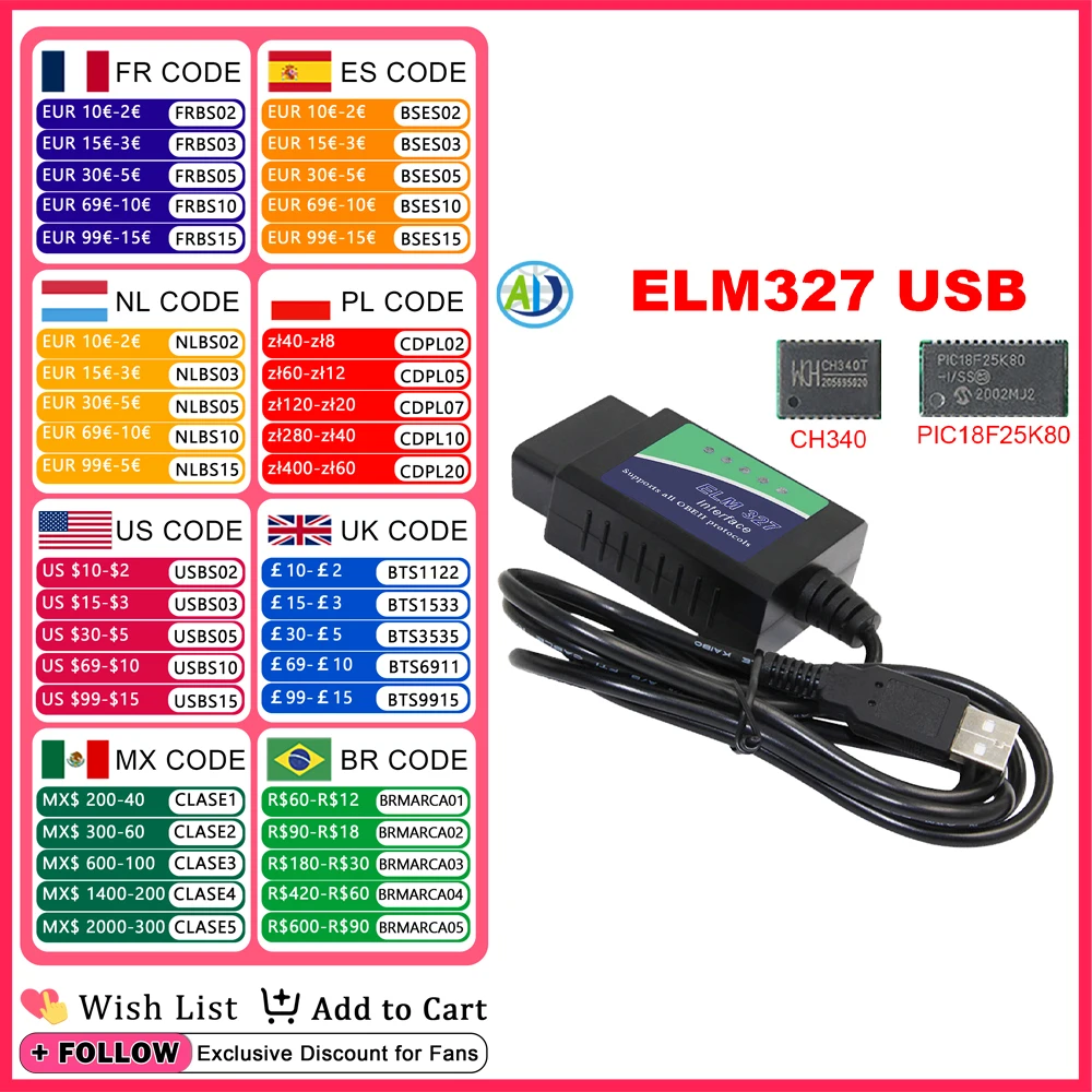 

ELM327 USB V1.5 PIC18F25K80 Chip OBD2 Car Diagnostic Tool OBDII Interface Scanner Code Reader For Mazda/VW/GM/AUDI/Chevy/TOYOTA