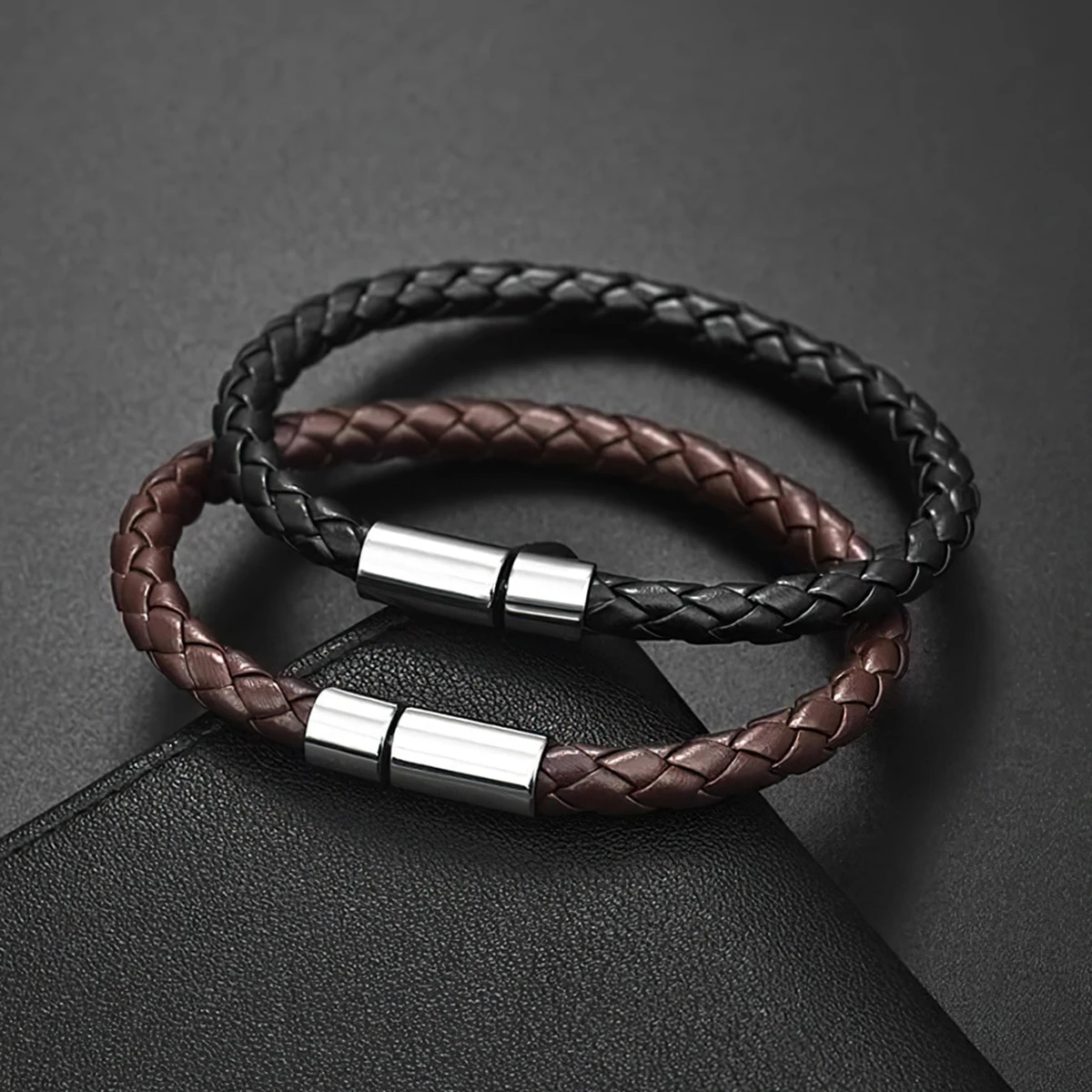 2PCS Brown Black Two Magnetic Fastening Leather Bracelets, Men\'s Bracelets, Men\'s Bracelets