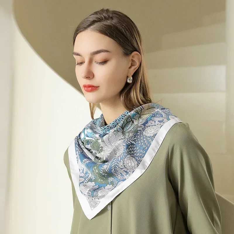 2025 New 90x90cm Floral Print Square Scarf, French Retro Fake Silk Neckerchief for Women