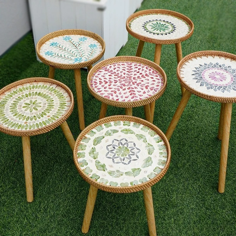 Handwoven Rattan Side Table Colorful Round Coffee Table Luxury Shell Storage Tray Sofa Side End Table For Home Decor