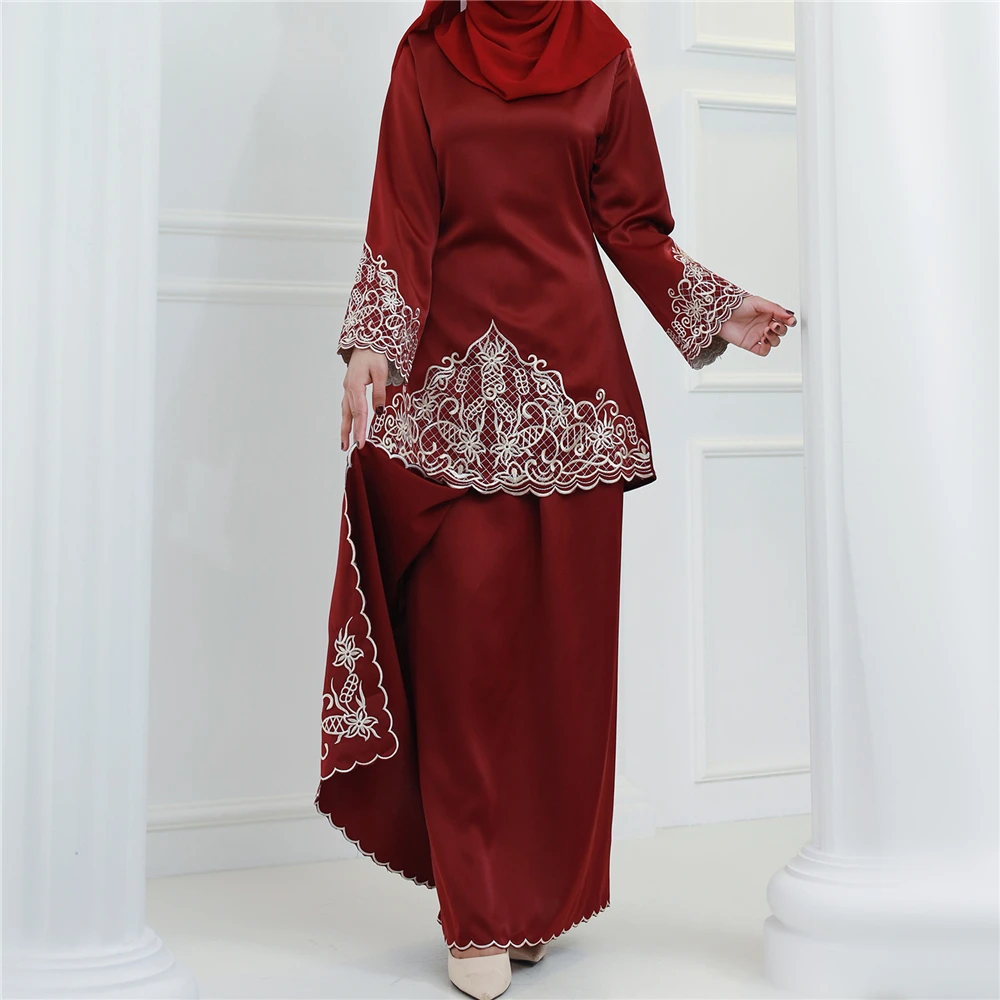 Muslim Sets Long Sleeve Tops Skirts Malaysia Baju Kurung Turkish Suit Embroidery Casual Solid Women Matching Set Ladies Outfits