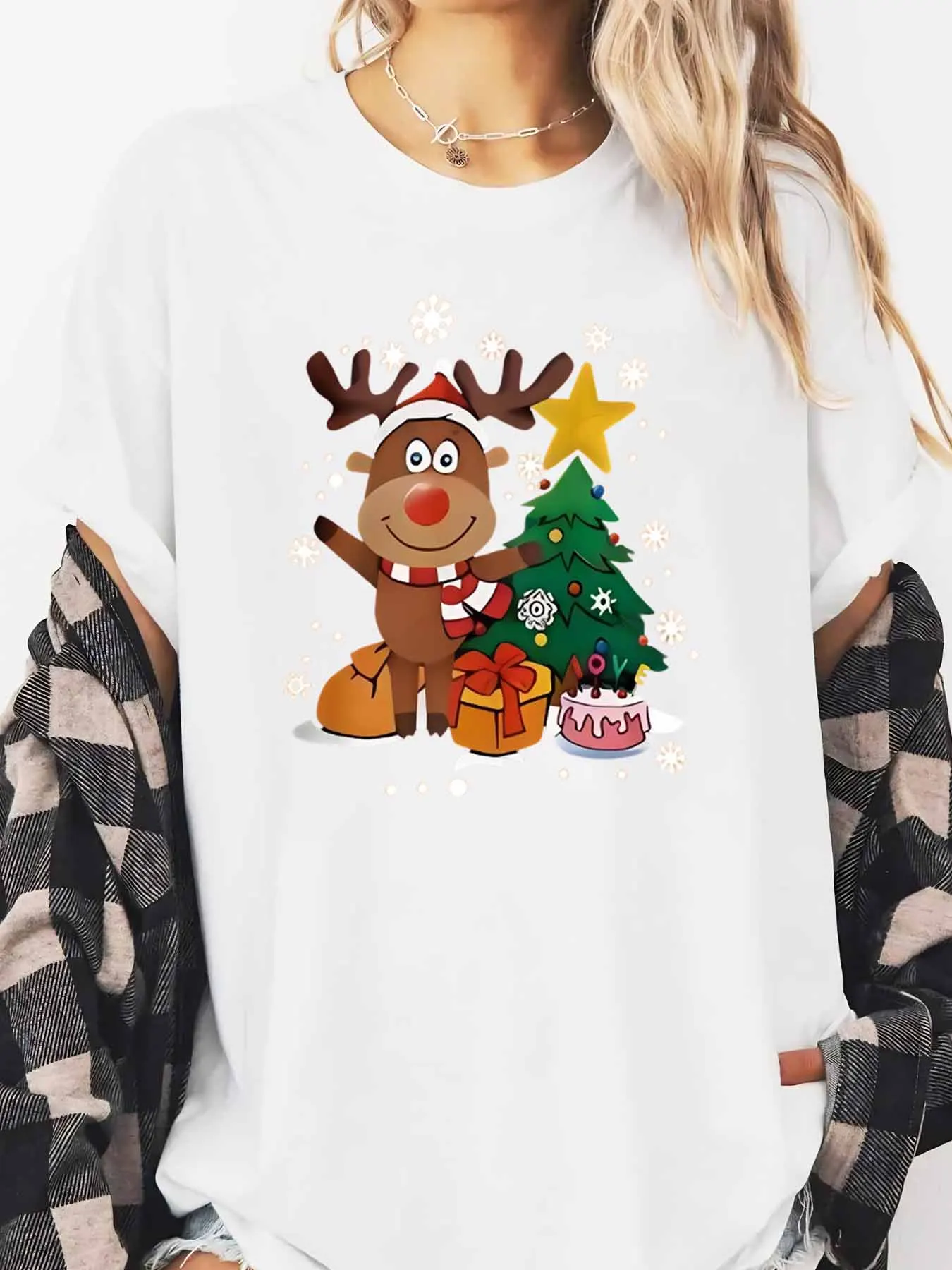 Renne arbre de noël cadeau imprimé noël femmes à manches longues T-Shirt décontracté vacances porter blanc grande taille