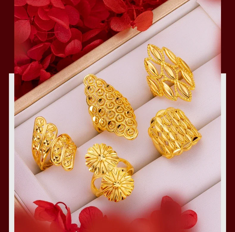 Grand anneau de fleur creux exagéré pour femmes, bagues en or jaune véritable 18 carats pour femmes, bague de fête de mariage, cadeau, bijoux de