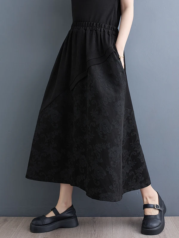 High Waist Black Half Skirt New National Style Embroidery A-Line Skirt Mid-Length Bloom Skirt Women's Commute City Scenarios
