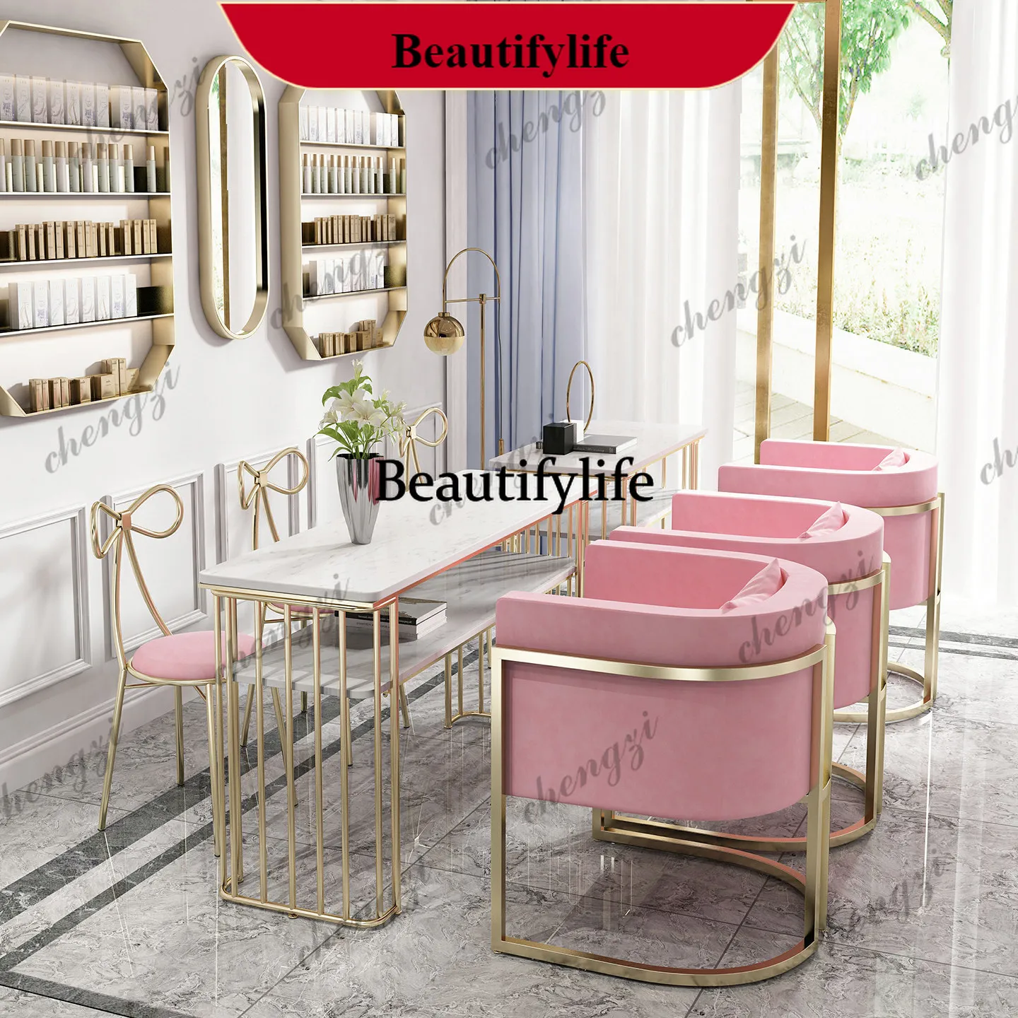 Nordic wrought iron double-layer marble manicure table and chairs sofa single double gold manicure tableK182