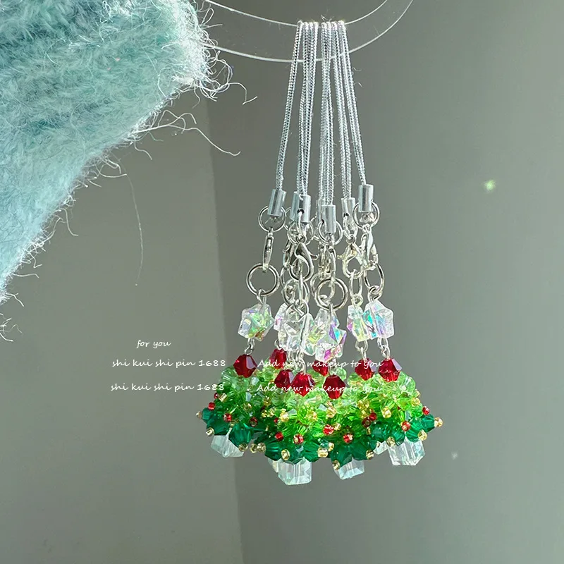 Creative Christmas Tree Mobile Phone Lanyard Pendant Crystal Beaded Christmas Atmosphere Key Bag Pendant Accessories Toy Gift