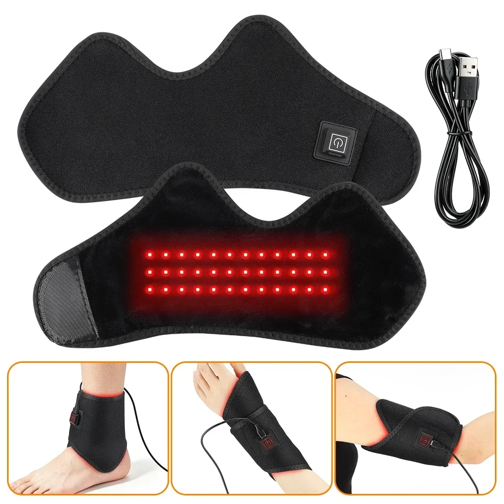 Heating Ankle Wrap with Red Light 36 LEDs 660nm, 3 Heat Levels 45-65°C, for Ankle Wrist, Plug-in 5V, Lightweight 65g, Black