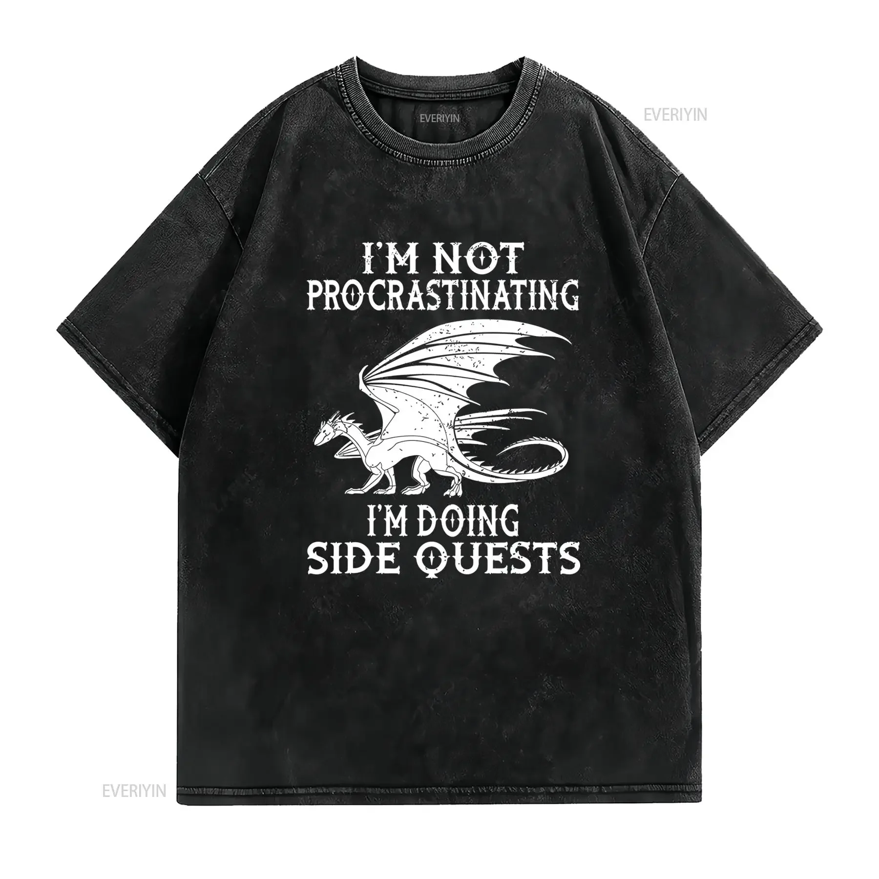 Funny RPG Gamer Side Quests Slogan Dragon Print Casual T Shirt vintage Washed graphic homme Soft Breathable Slightly Unisex