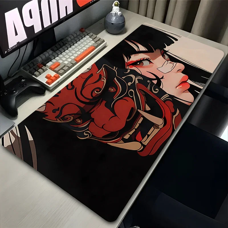 Alfombrilla de ratón para PC, alfombra de teclado Sexy de Anime para chicas, alfombrilla de ratón de Manga blanco y negro, alfombrilla de escritorio para juegos de ordenador portátil, máscara XXL Devil Oni, alfombra suave