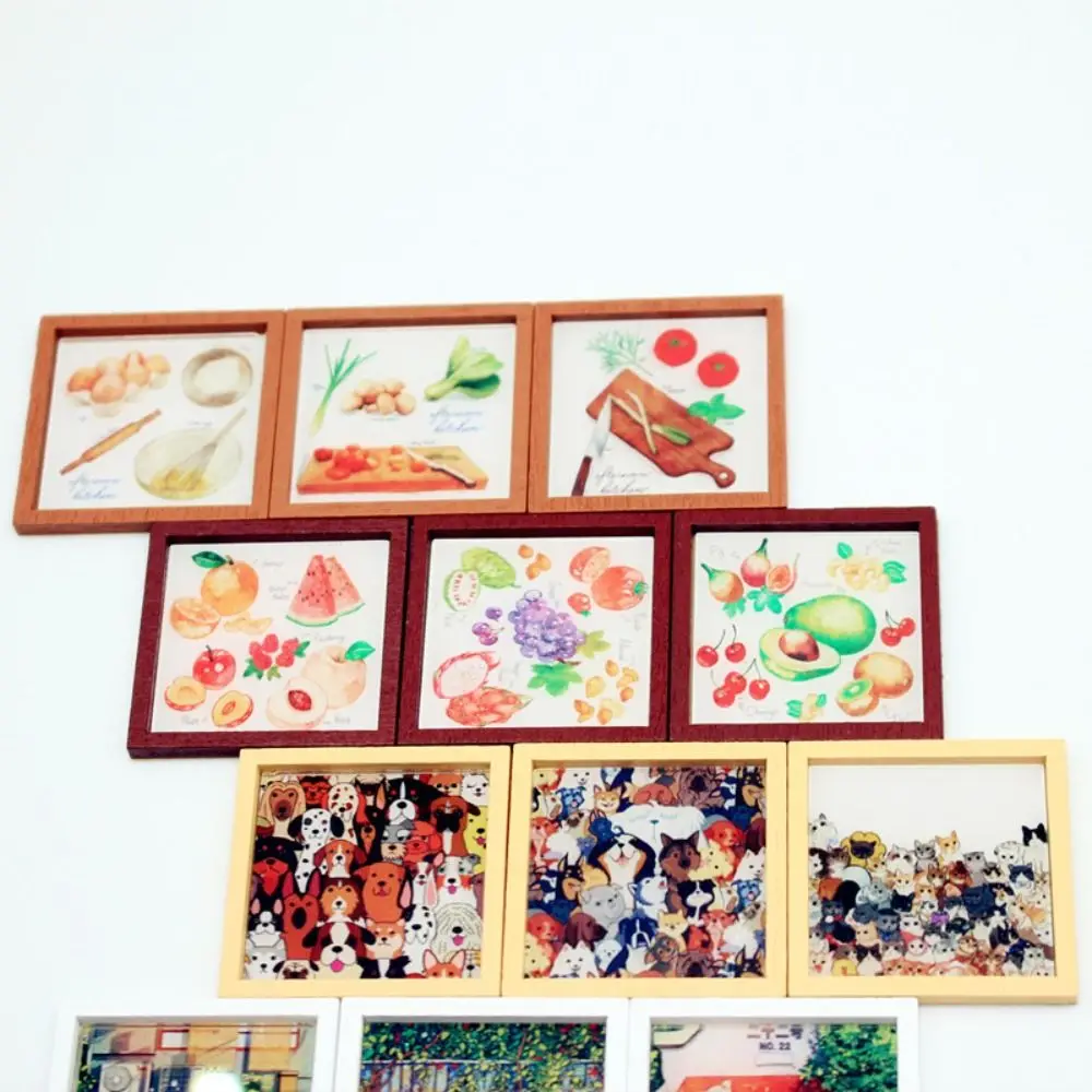 3PC For 1/3 1/6 BJD Dollhouse Mini Frame Mural Wooden Square Wall Painting Illustration Dollhouse Miniature Accessory