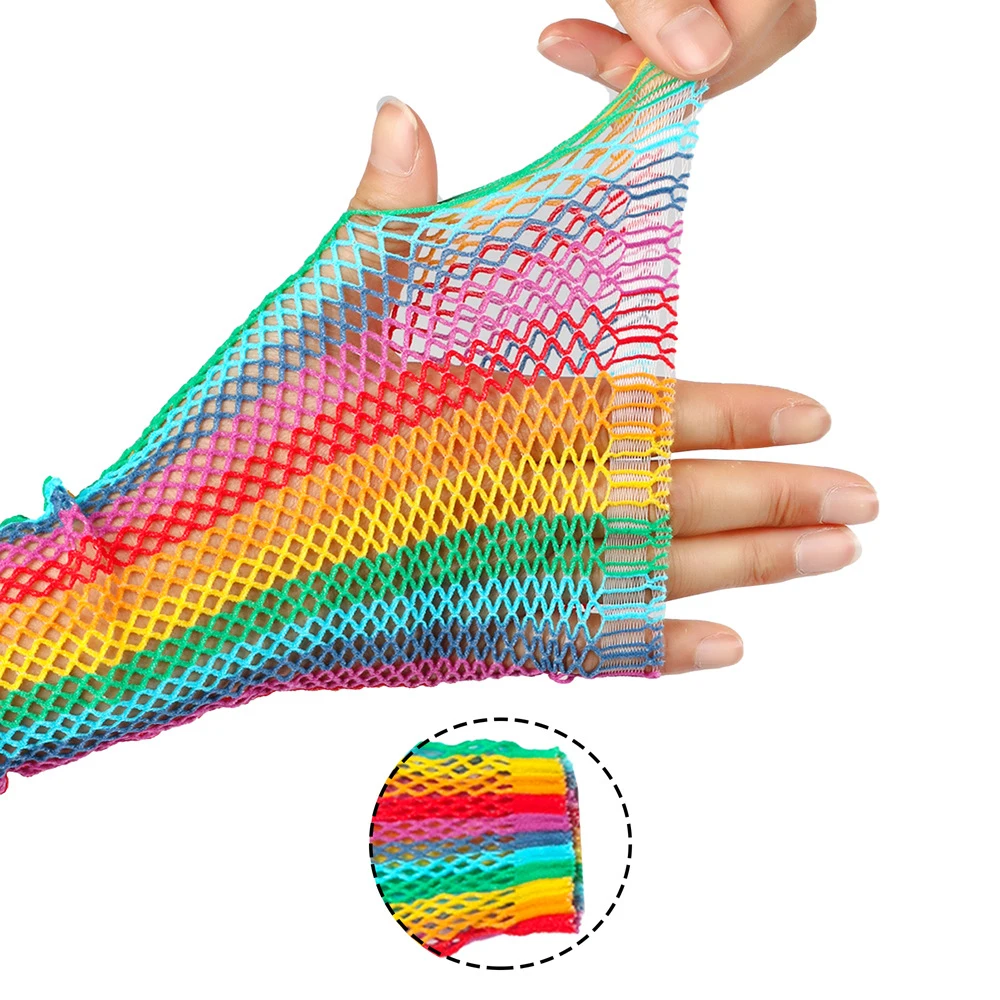 Rainbow Fishnet Arm Sleeves Lady Long Gloves Punk Party Stretchy Women Colorful Festival Cosplay Sexy Fishnet Arm Cuff Gloves