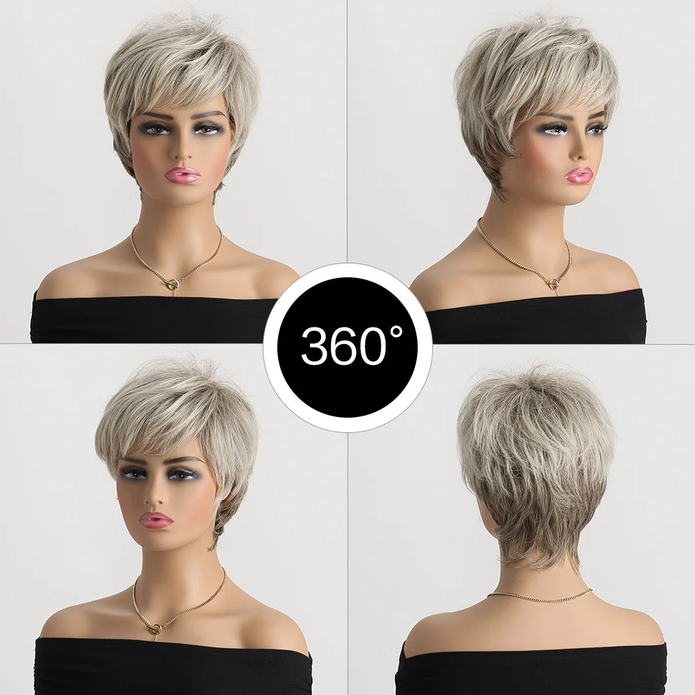 Short Wig Brown Mixed Blonde Synthetic Wigs Straight For Women Hair With Bangs Hair Breathable Rose Mesh Daily Party Cosplay Use