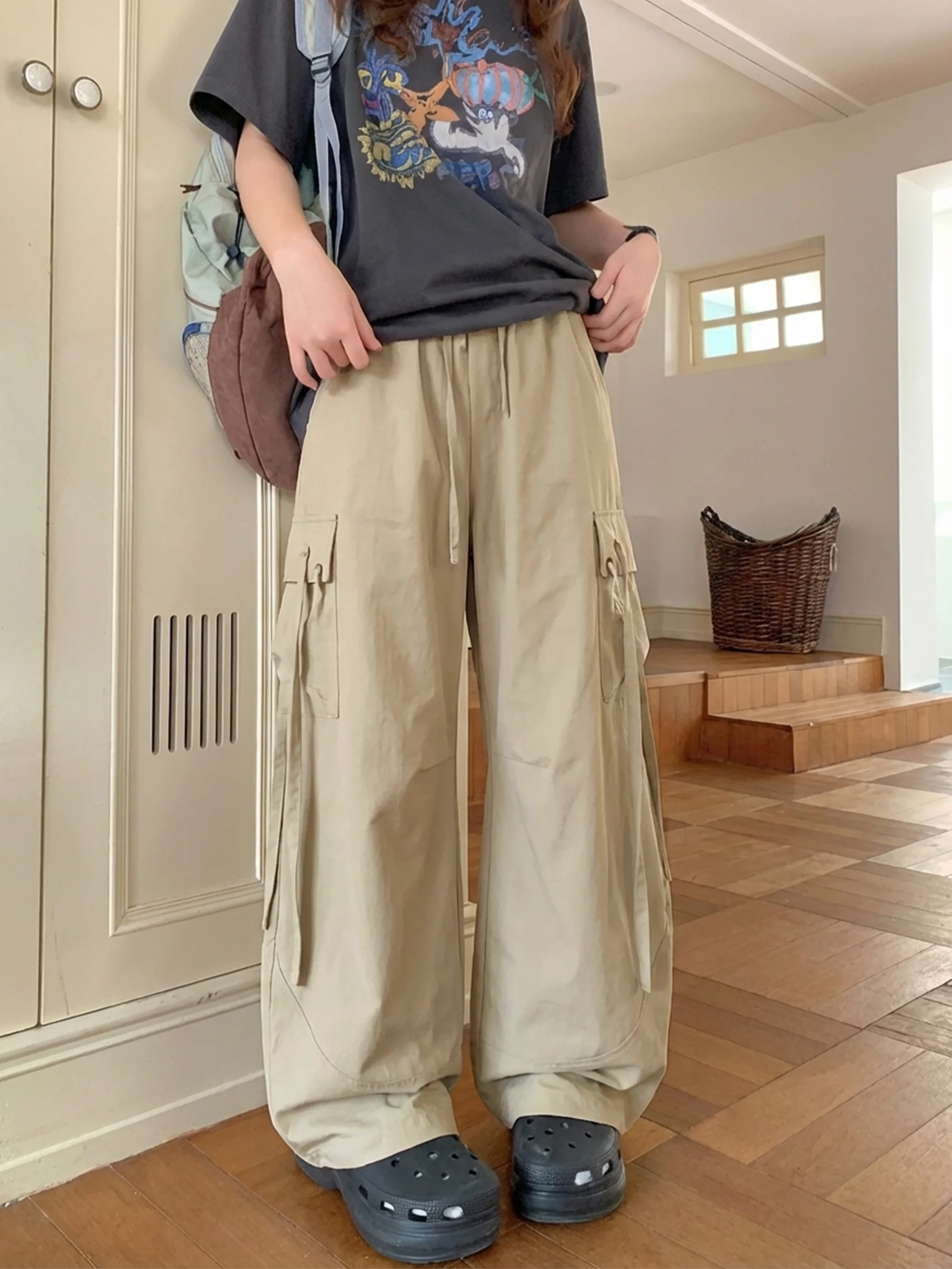 

Универсальные длинные прямые брюки цвета хаки для ранней весны, женские тонкие повседневные брюки прямого кроя, дышащие брюки из полиэстера