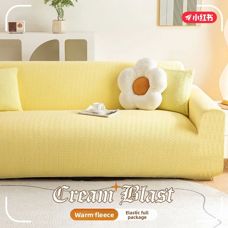 Jacquard Stretch Sofa Slipcover Full Cover Anti-Slip Hooded Protection Solid Color Four-Season Home Furniture Refresh Single